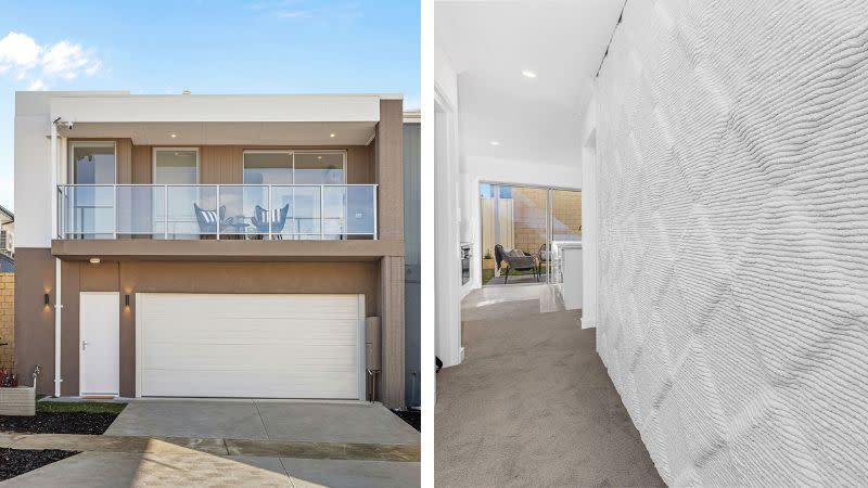 The completed two-storey 3D printed house in Tapping, Perth (left) and the wall textures and patterns possible with the 3D concrete printing robot (right).