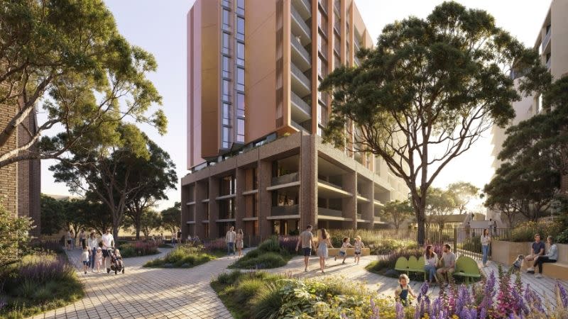 A rendering of Chapter Place’s landscaped pedestrian spine, framed by mid-rise podium levels and tower forms on Buchan Avenue.