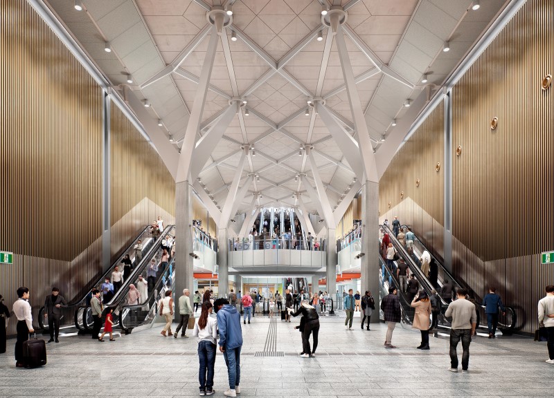 A render of the inside of Melbourne's new Town Hall train station, courtesy of Hassell.