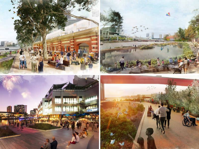 four images with artists impressions of riverside promenade space on the yarra river