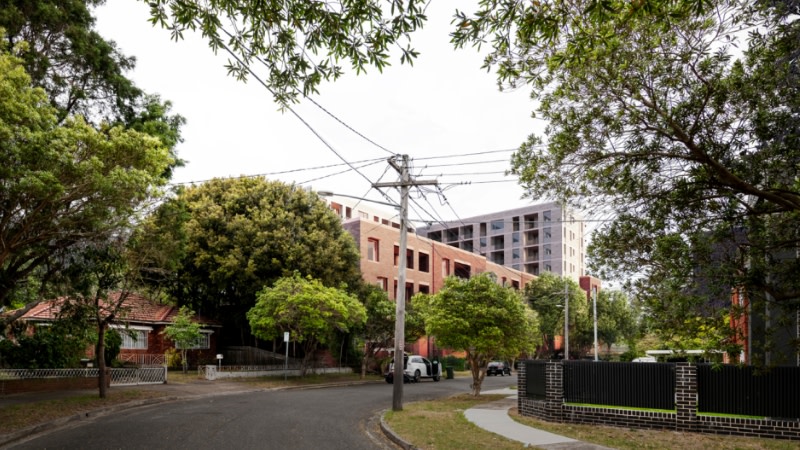 a leafy street with red brick homes next to a new apartment complex