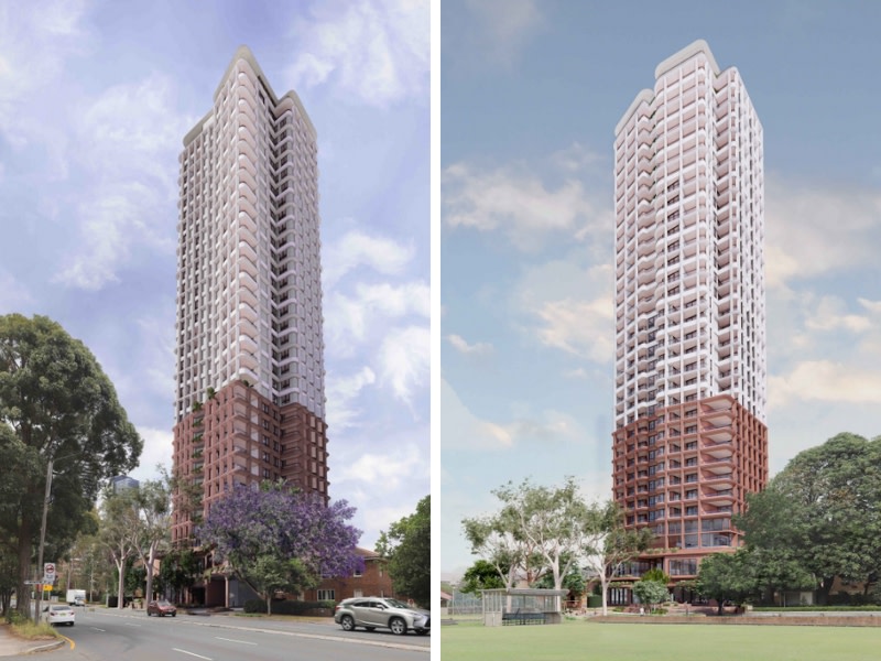 Looking from the street and croquet club at the planned 691-699 Pacific Highway, Chatswood 34 storey tower.