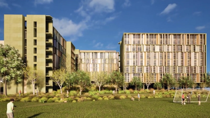 render of student accommodation at st lucia UQ campus showing the main mid rise building.