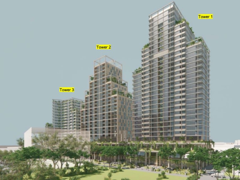 render of three towers in docklands and new parklands for apartments.