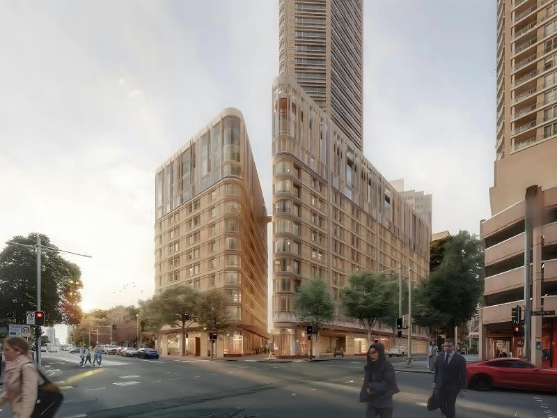 FJC Studio rendering of the 55-storey tower, showing articulated podium and street-level interface at Park and Elizabeth streets.