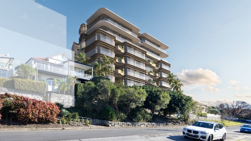 rendering of a mid rise apartment building in mosman next to a traditional sydney low rise dwelling