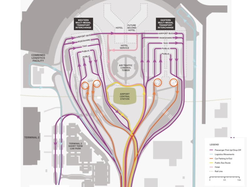 map showing the roads around perth airport which are planned as well as hotels and terminals. 
