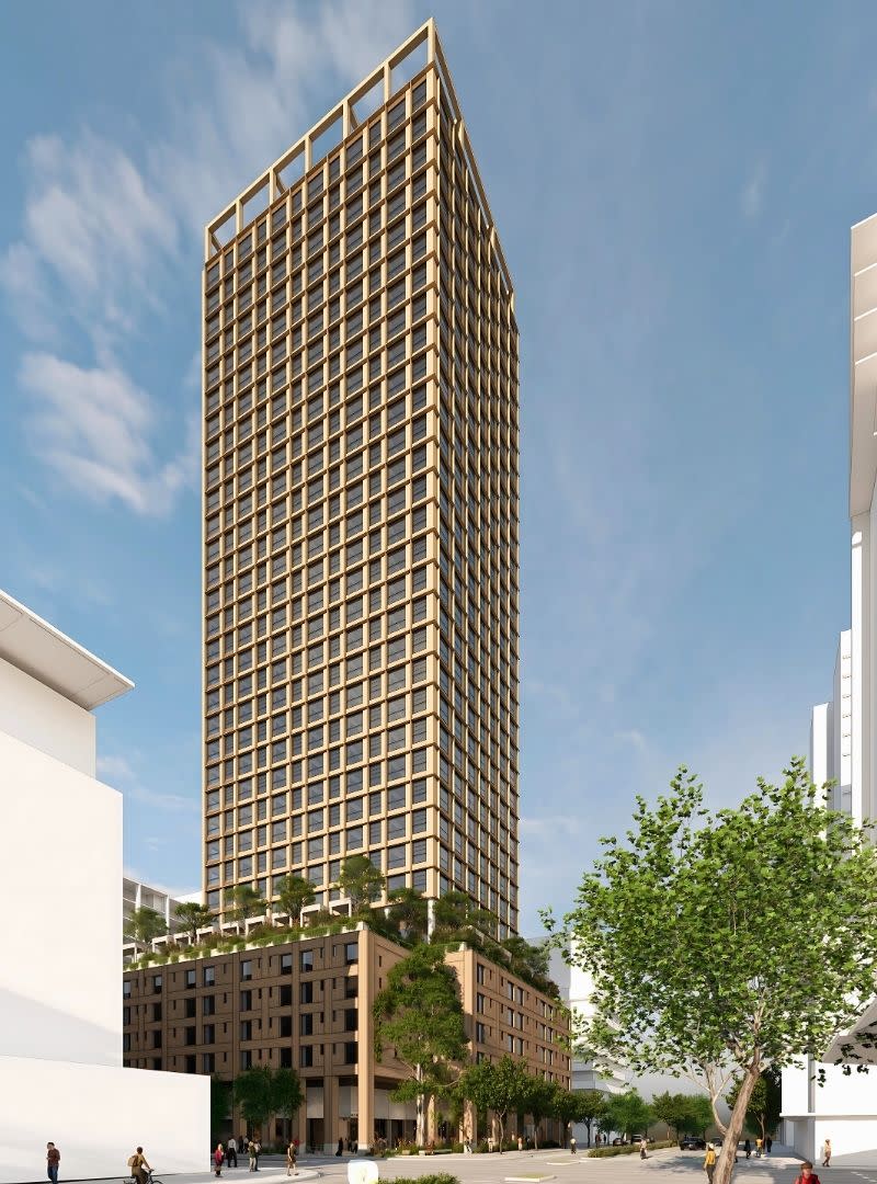 Rothelowman rendering of Erben's approved 35-storey hybrid timber tower at 108 Stirling Street in Perth.