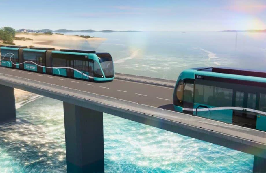 A rendering of The Wave shows the planned high-frequency light rail gliding over the coastal link, set to transform Sunshine Coast transport ahead of the 2032 Games.