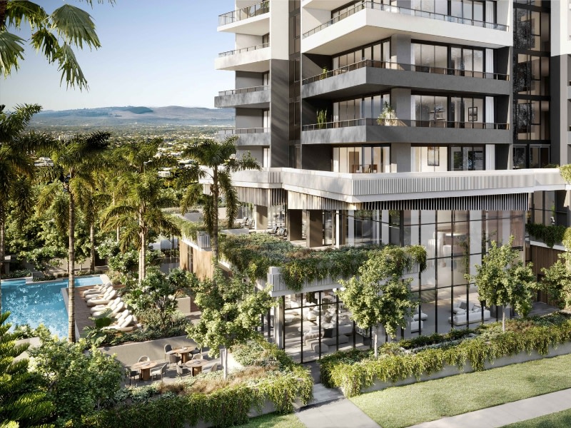 render of a tower covered in foliage in Broadbeach with a heated outdoor swimming pool on the lower levels.