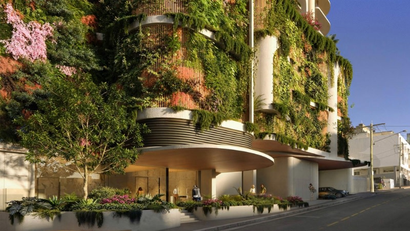A rendering of the Koichi Takada-designed tower proposal's five-storey "forest floor" podium.