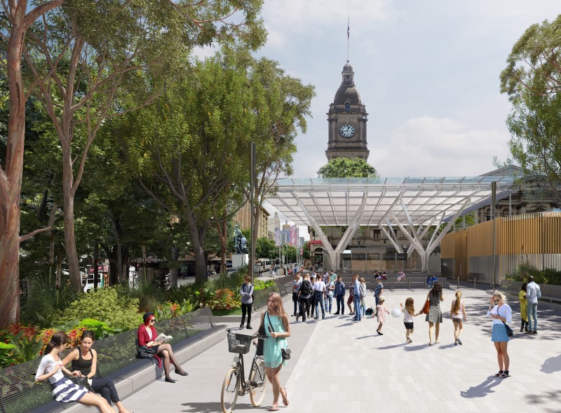 A render of the entrance to the underground Town Hall train station in Melbourne.