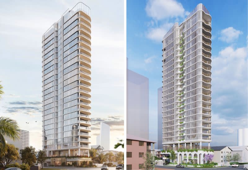 Renders of the revised plans (left) and the approved original tower proposal for 152 Surf Parade, Broadbeach. 