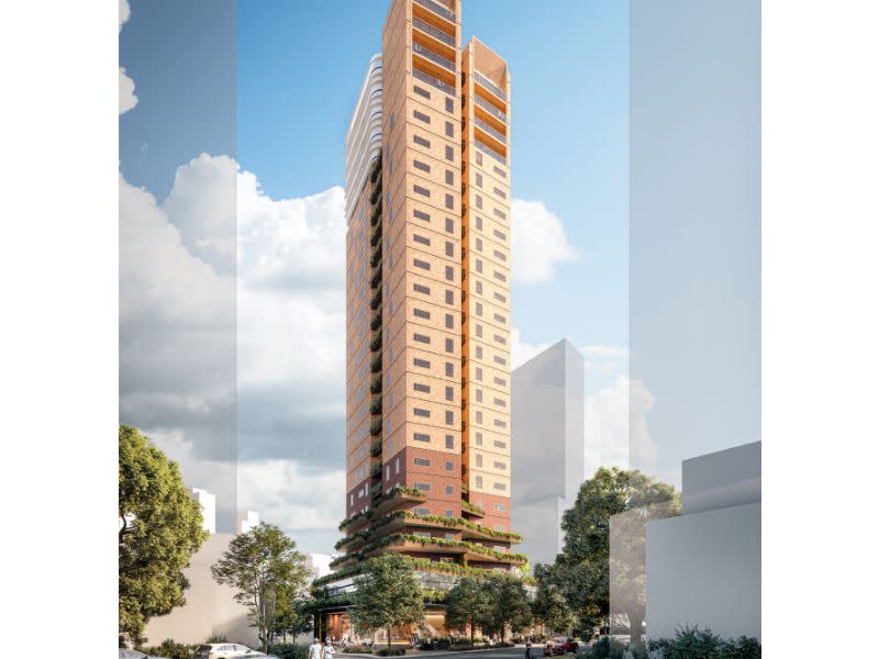 A render of a 25-storey mixed use tower planned for Chatswood. The tower has three distinct segments, a heavily landscaped podium, lighter coloured apartment mid section and white finishes on the upper levels.