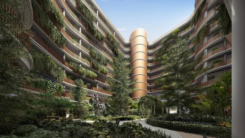 rendering of a couryard and archway surrounded by a 10 storey development 