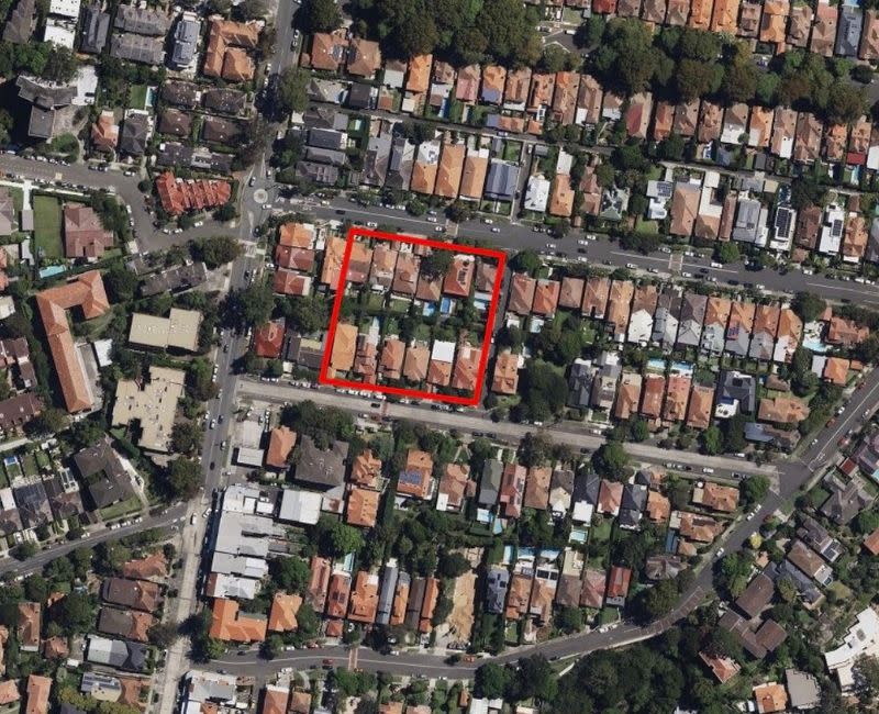Aerial view of the 12-home super site 2A-52 Rangers Avenue and 21-31 Brierley Street in Mosman.