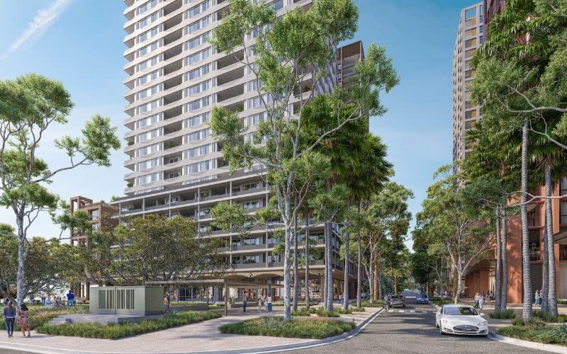 A tree-lined corridor forms the spine of Deicorp’s Kings Bay Village precinct in Five Dock.