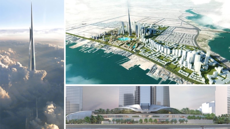 three images of Jeddah tower, the first is the top of the worlds tallest tower in the clouds, the second is the entrance and the third is the jeddah economic city