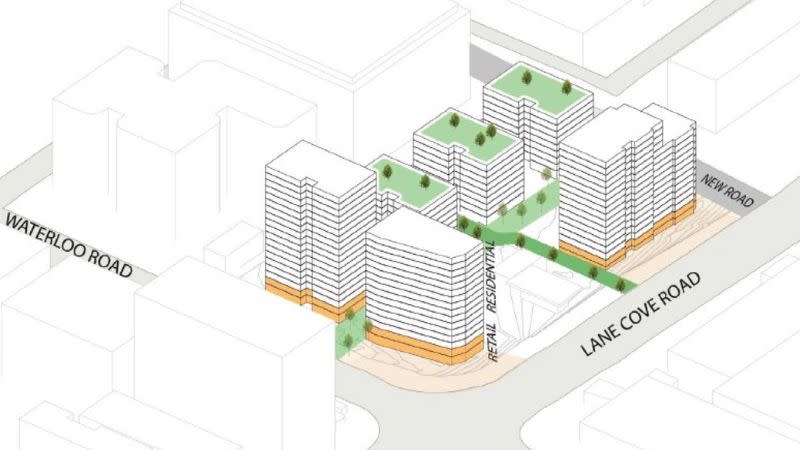 Concept plans by architects DKO showing the six apartment towers on the Waterloo Road site.