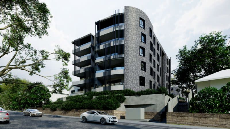 A heritage listed stone wall outside a render of a 4-6 storey building seniors development in Lane Cove.