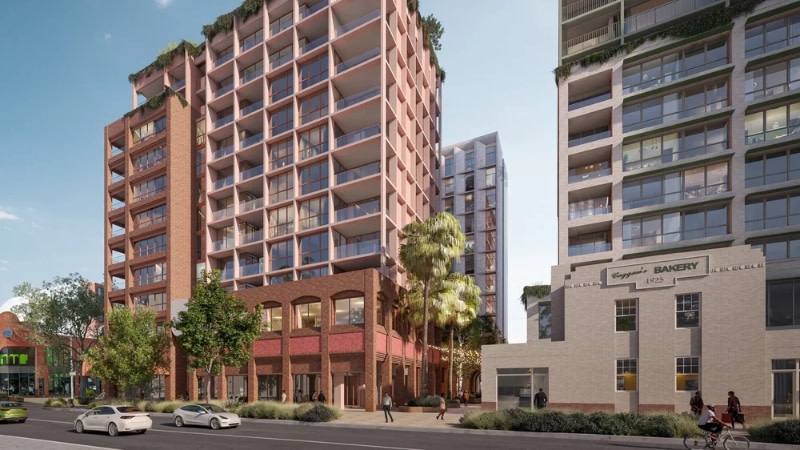 rendering of a hotel and apartment building flanking a old bakery and new laneway with festoon lights