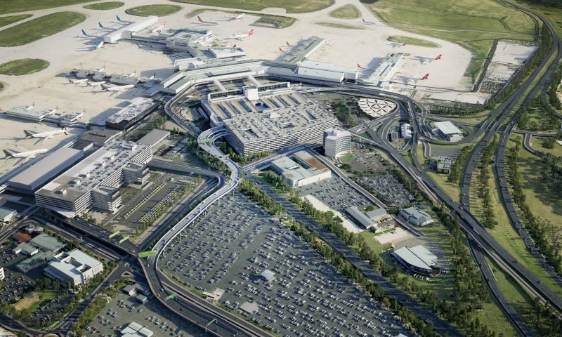 An aerial render of what the Naarm Way Stage 2 will look like at Melbourne Airport.