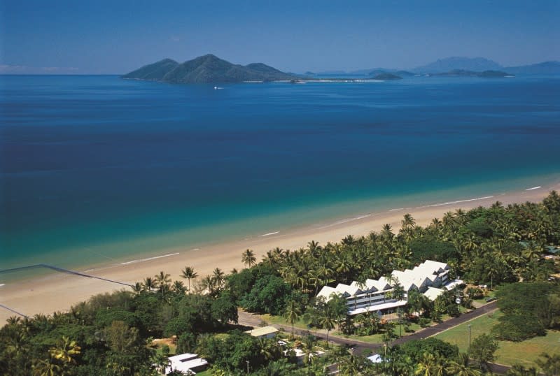 Aerial view of the Castaways Resort and Spa on Mission Beach in north Queensland, now on sale. 