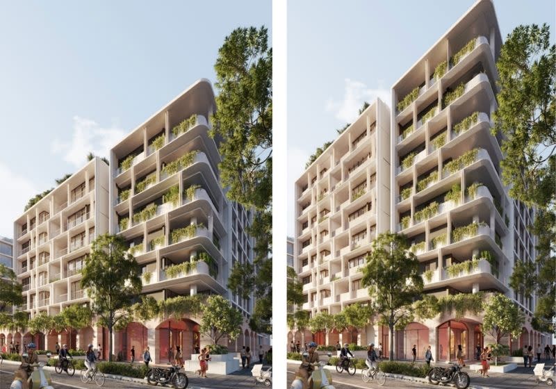 SJB renderings show Building B before and after the approved uplift at Billbergia’s Leeds Street project at Rhodes.