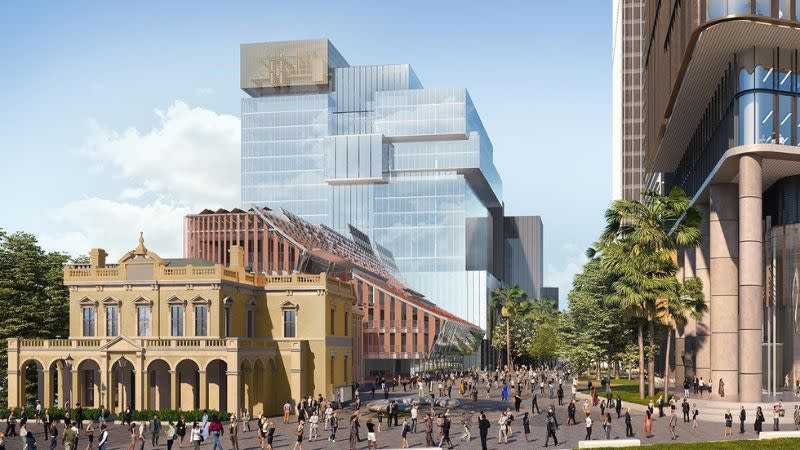 Render of Parramatta Square featuring the red, angular Phive building opposite new buildings within the precinct.