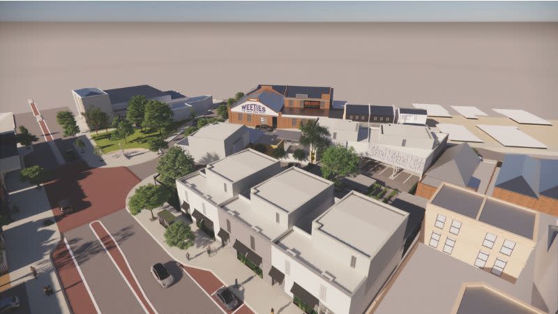 An aerial rendering of the project showing North Fremantle's historic former Weeties Factory.