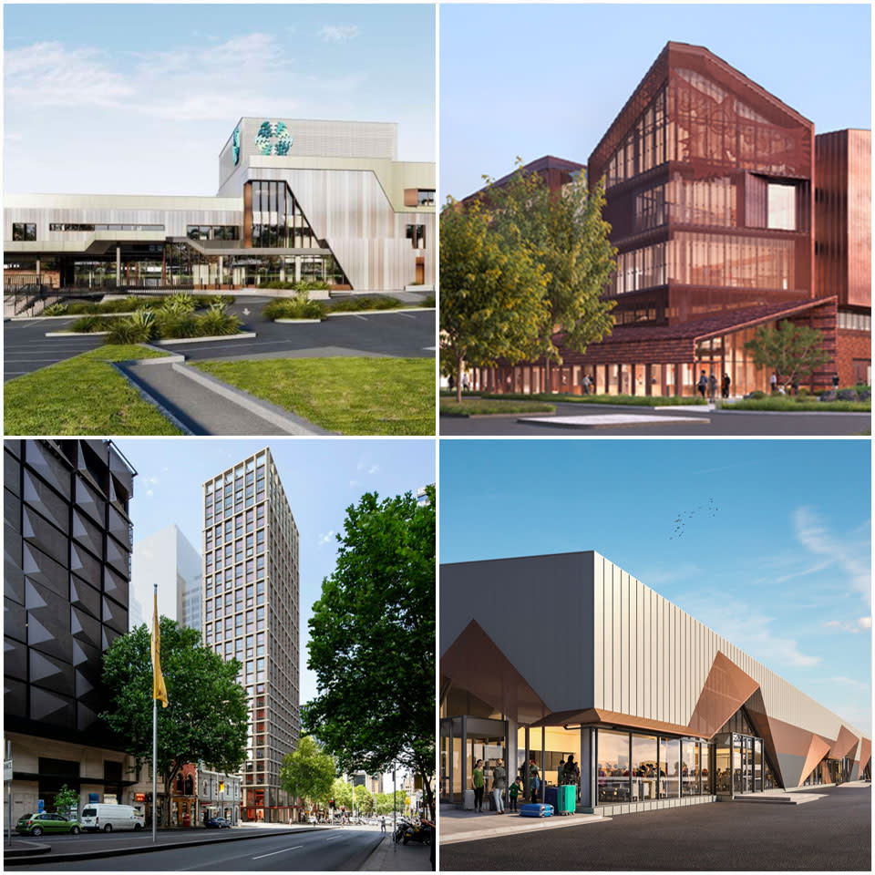 ▲ Wonthaggi Hospital Expansion (top left), Bendigo Law Courts (top right), Iglu on Russel Street (bottom left), Spirit of Tasmania Passanger Terminal (bottom right).