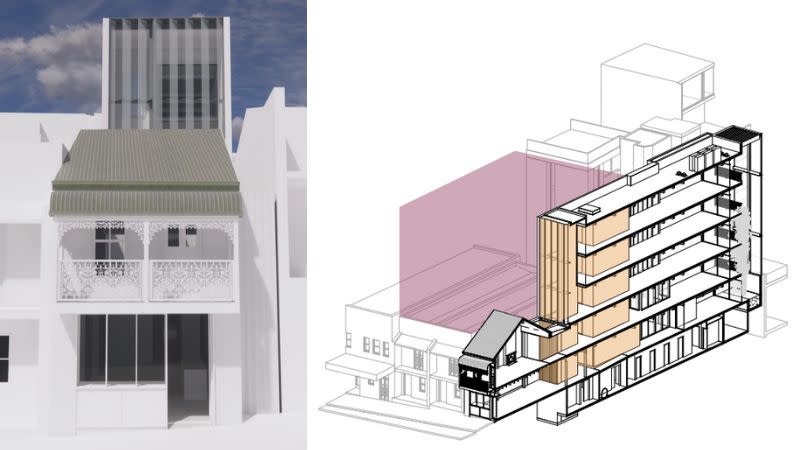 render of a terrace house with a five storey office building behind