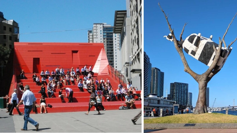 a red staircase amphitheatre in melbourne and the iconic cow up a tree sculpture. 