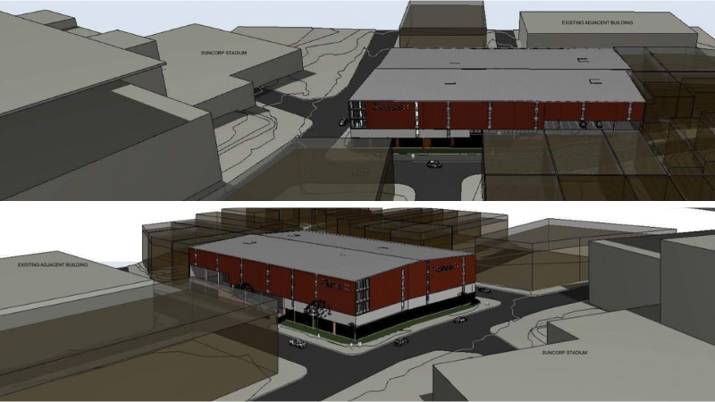 Renderings showing the proposed Storage X facility and its proximity to Suncorp Stadium.