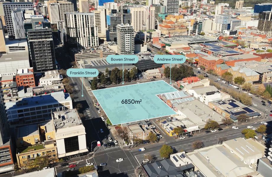 Aerial showing the Tapangka on Franklin site with the area shaded, and Franklin, Bowen and Andrew streets indicated. 