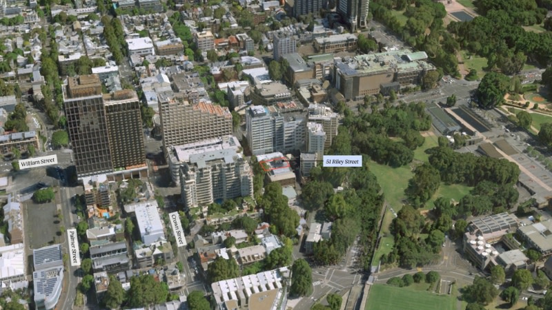 aerial image of Woolloomooloo showing the small office building and surrounding developments.