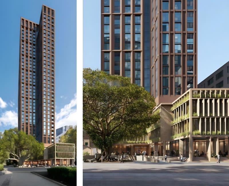 FK renderings of the proposed tower from George Street with the podium facade shown on the right.