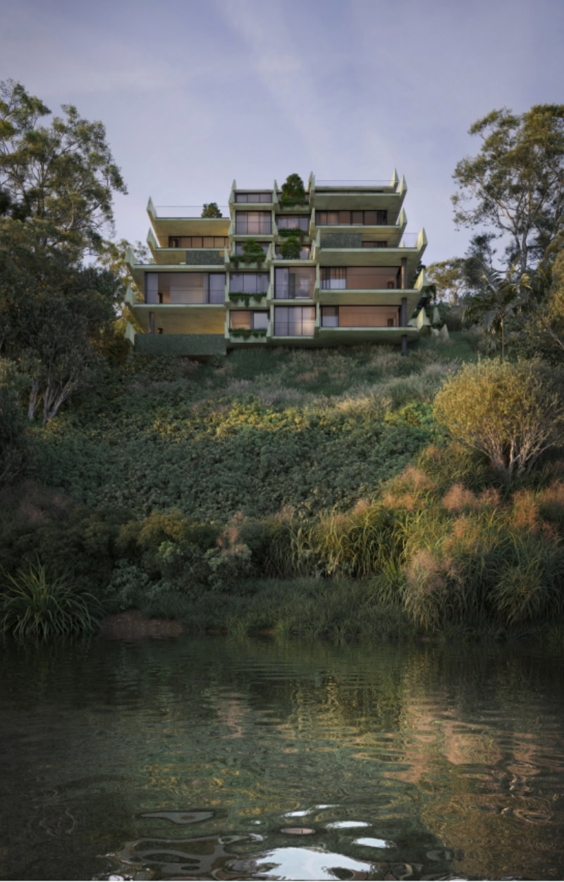 A rendering of the cantilevered boutique scheme proposed by Spyre Group for the riverfront site at 213 Clarence Road, Indooroopilly.