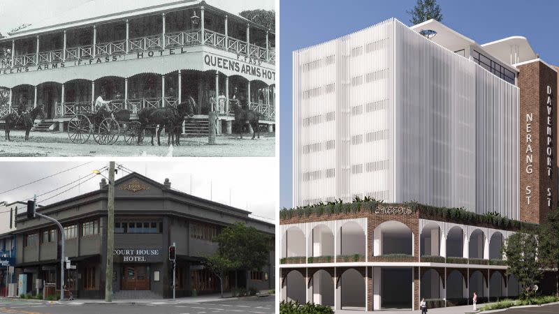 The original and modern day incarnations of the site's former pubs (left) and the proposed tower.