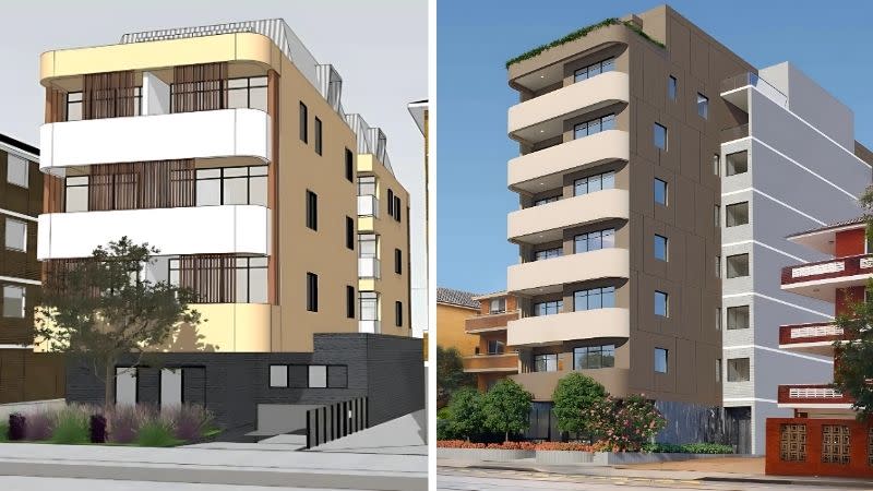 Court-approved five-storey scheme for 10 Blenheim Street, Randwick (left) and the proposed eight-storey redesign by CM+A Architects.