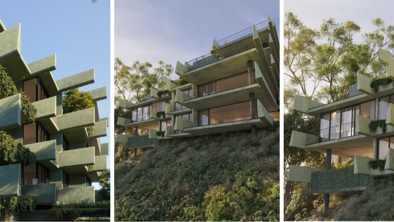 The Bureau Proberts-designed proposal features green-pigmented concrete terraces projecting towards the site's 35m river frontage.