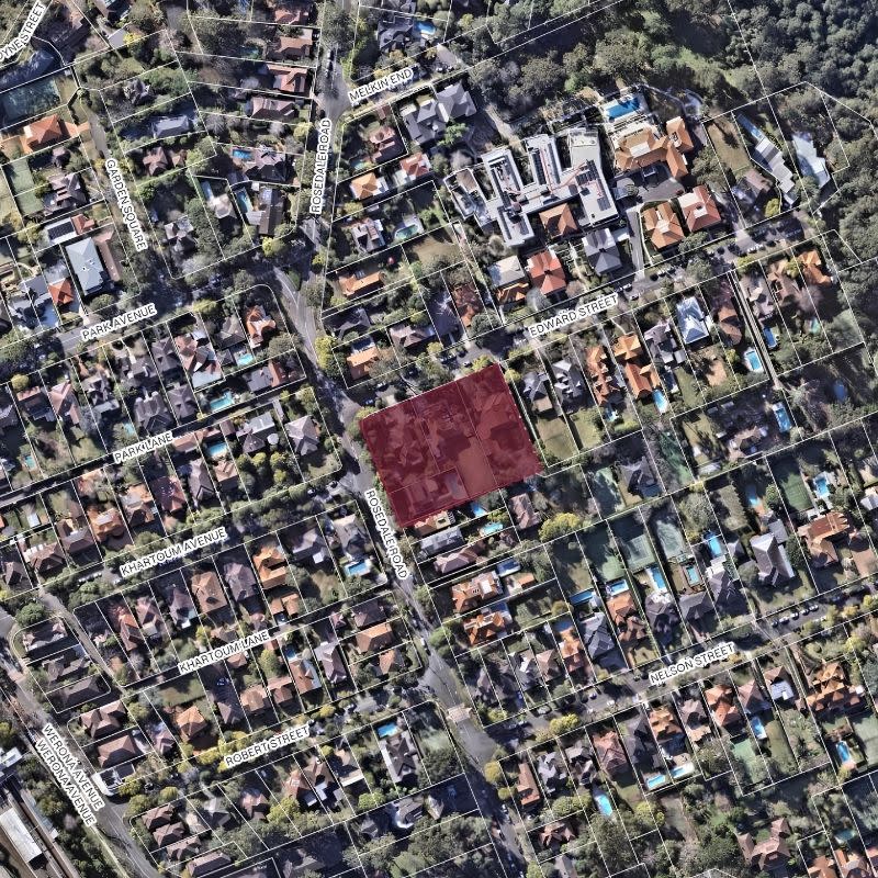 An aerial view of the Edward Street and Rosedale Road site, about 365m from Gordon railway station on Sydney’s Upper North Shore.