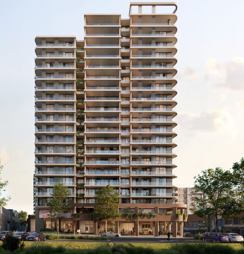 PBD Architects has designed a brick and powdercoat podium and tower, making use of a 30 per cent bonus to height and gross floor area awarded for setting aside 15 per cent affordable housing.