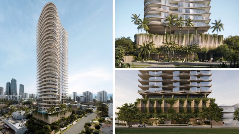 Renderings of the previously approved tower design (left and top right) and the podium of the scheme (bottom right).
