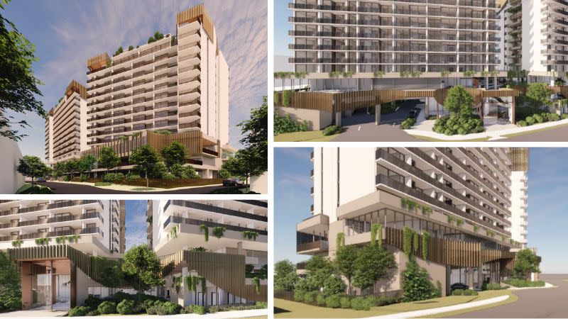 Renders of the proposed dual-tower retirement and aged care development at Marina Quays, Hope Island.