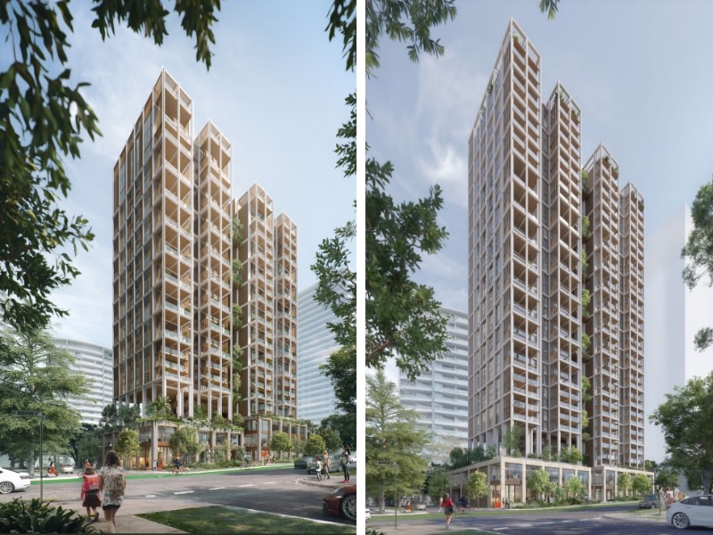 two images side by side depicting options for a new set of towers in Chatswood, one is 8-storeys taller than the other but otherwise are very similar