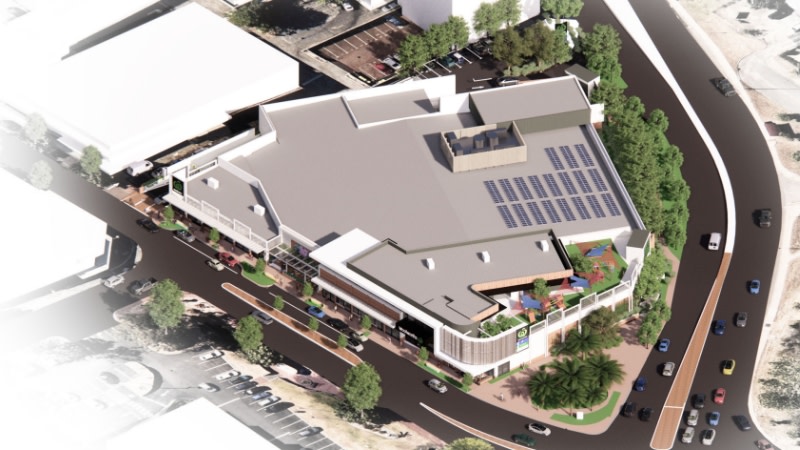 render with the overview of a new woolworths development in perth with a childcare centre above