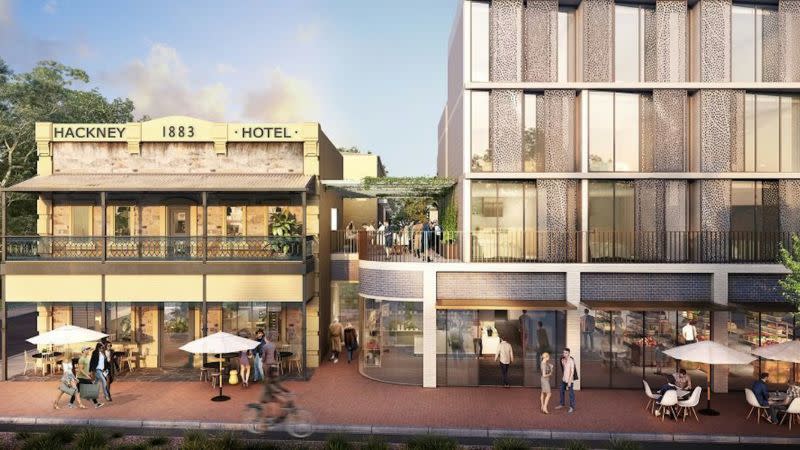 An external rendering of the front of the reimagined Hackney Hotel showing the adjacent mixed use development