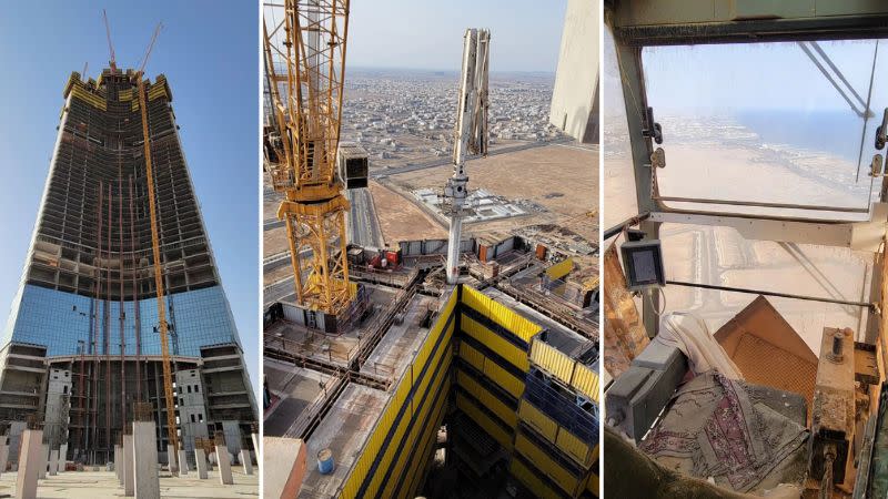 three images of Jeddah Tower in 2023 showing a part built tower, the view from the top and inside the crane operator's cab.