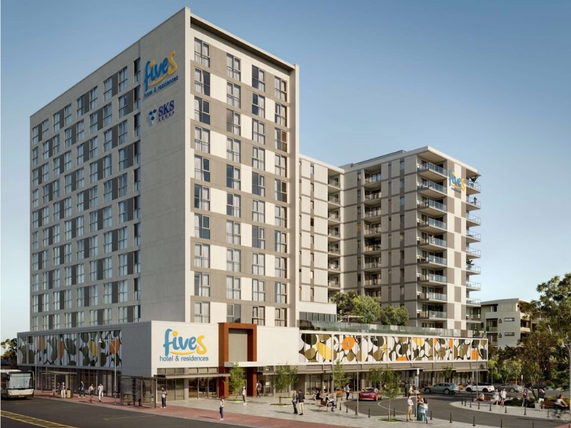 rendering of a hotel and btr building in grey blue and yellow